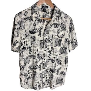 Hot Topic Alice In Wonderland newspaper print short sleeve button front shirt
